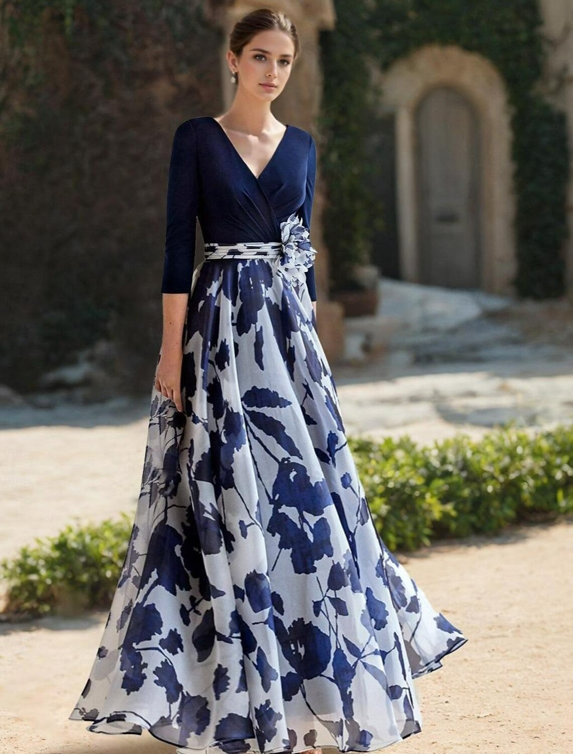 A Line/Princess Mother of the Bride Dresses V-Neck Long Sleeves Floor Length Floral With Flower Ruched