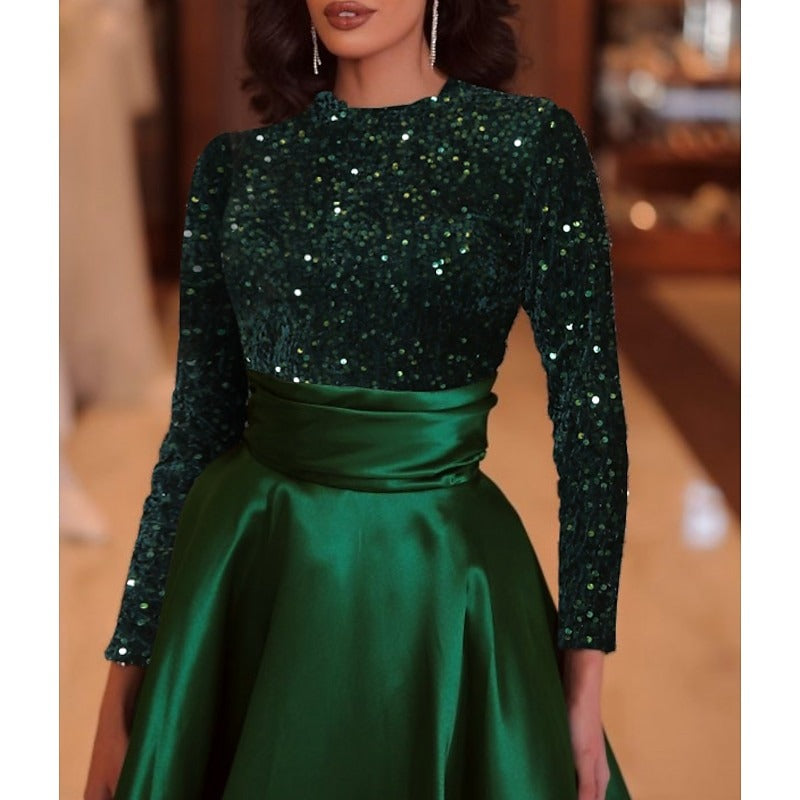 A-Line Sequin Evening Gown Elegant Dress Formal Cocktail Party Floor Length Long Sleeve High Neck Fall Wedding Guest