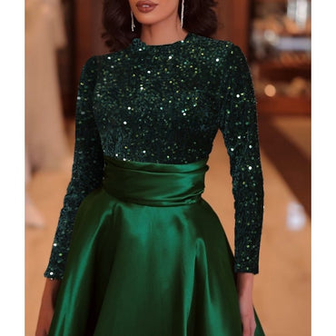 A-Line Sequin Formal Christmas Green Dress Elegant Evening Gown Floor Length Long Sleeve High Neck Fall Wedding Guest Party Mother Of The Bride Dresses