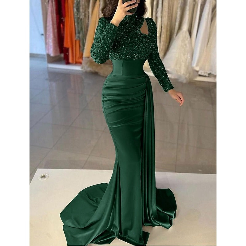 Mermaid Evening Gown Sequin Elegant Dress Formal Sweep / Brush Train Long Sleeve High Neck Satin with Pearls Masquerade Dress