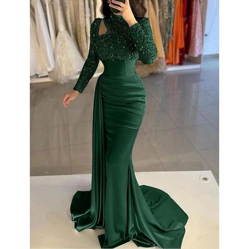 Mermaid Evening Gown Sequin Elegant Dress Formal Sweep / Brush Train Long Sleeve High Neck Satin with Pearls Masquerade Dress