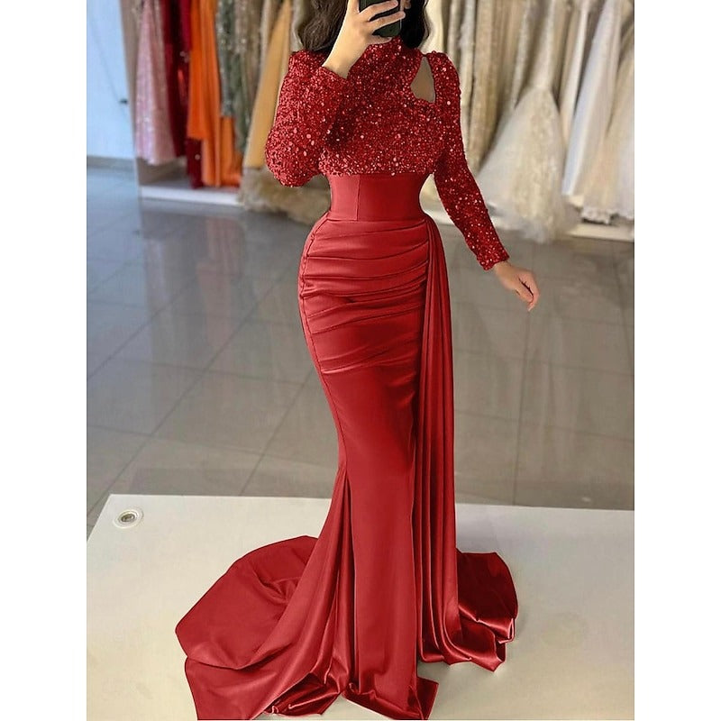 Mermaid Evening Gown Sequin Elegant Dress Formal Sweep / Brush Train Long Sleeve High Neck Satin with Pearls Masquerade Dress