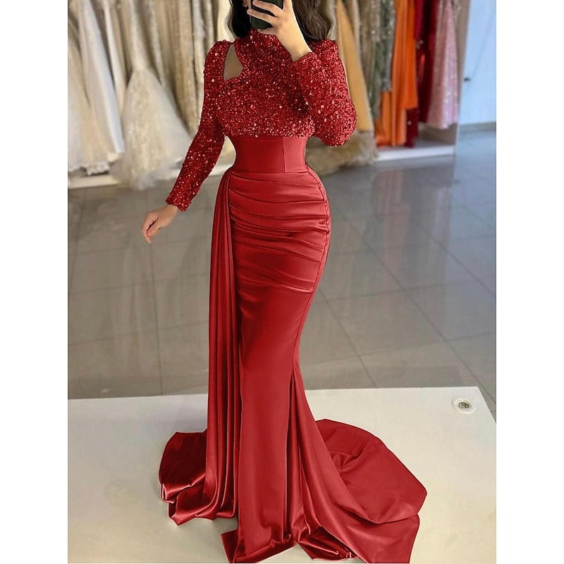 Mermaid Evening Gown Sequin Elegant Dress Formal Sweep / Brush Train Long Sleeve High Neck Satin with Pearls Masquerade Dress