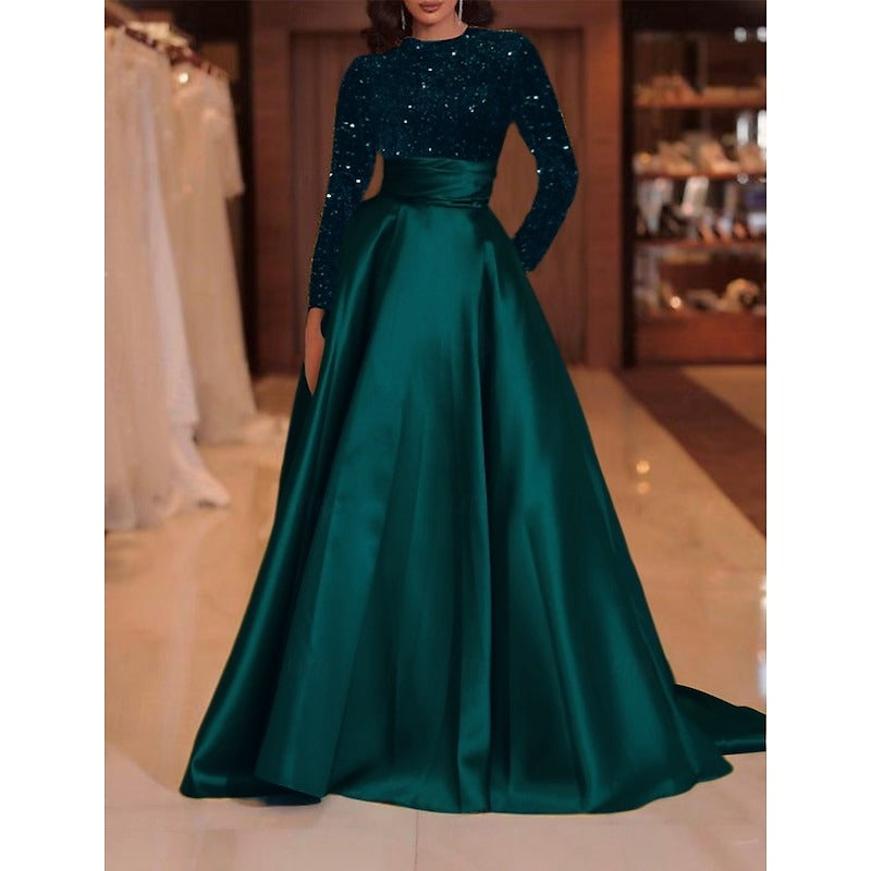 A-Line Sequin Evening Gown Elegant Dress Formal Cocktail Party Floor Length Long Sleeve High Neck Fall Wedding Guest