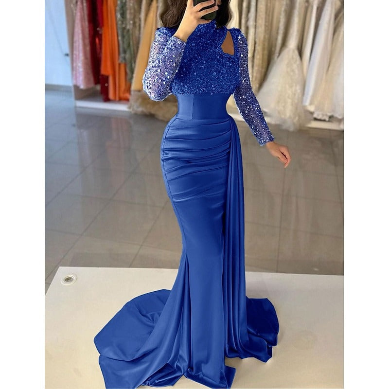 Mermaid Evening Gown Sequin Elegant Dress Formal Sweep / Brush Train Long Sleeve High Neck Satin with Pearls Masquerade Dress
