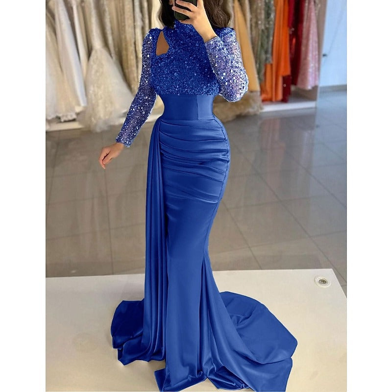 Mermaid Evening Gown Sequin Elegant Dress Formal Sweep / Brush Train Long Sleeve High Neck Satin with Pearls Masquerade Dress