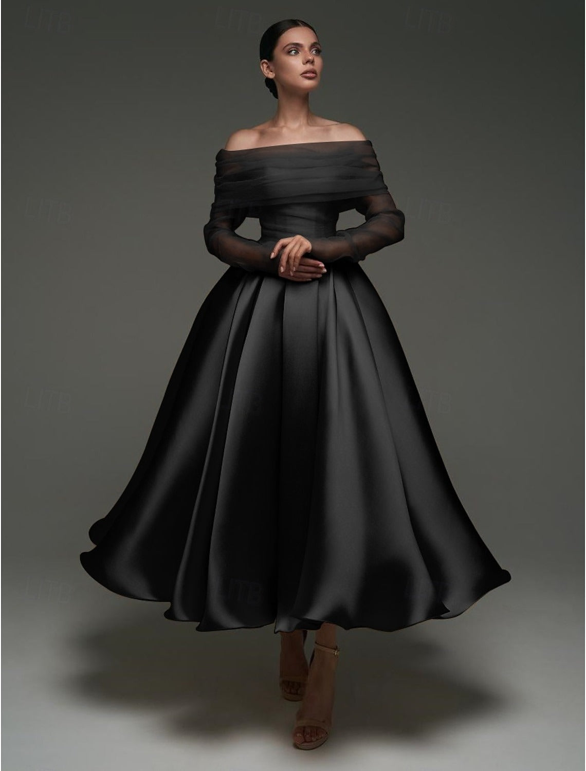 A Line Cocktail Dress Detachable With Shawl Ankle Length Elegant Dresses Formal Wedding Long Sleeve Off Shoulder Satin Dress