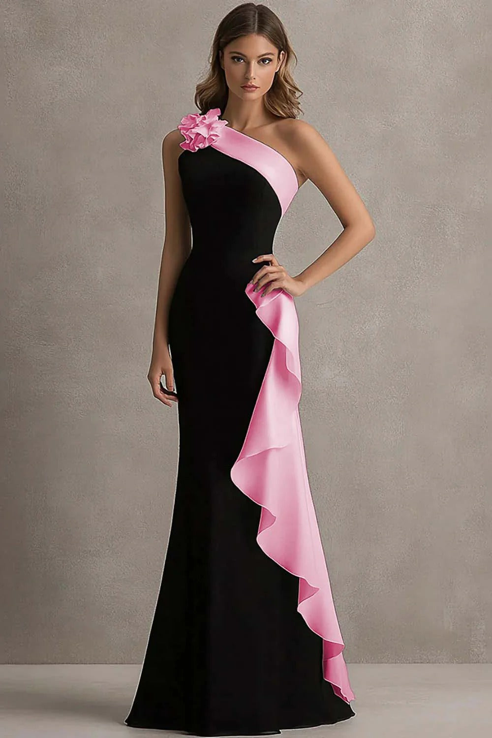 Trumpet/Mermaid  Stain  Evening/Formal Dress Floor-Length One-Shoulder Sleeveless With 3D Flowers&Ruffles