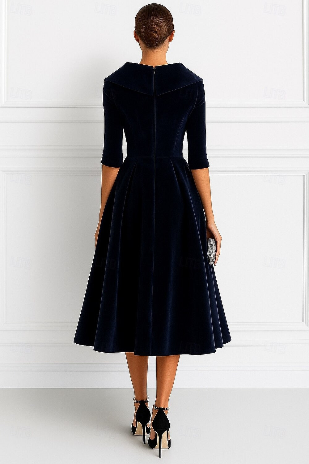 A Line Mother Of The Bride Dress Velvet Formal Dress Long Sleeves Elegant Tea Length Christmas Shirt Collar With Pocket