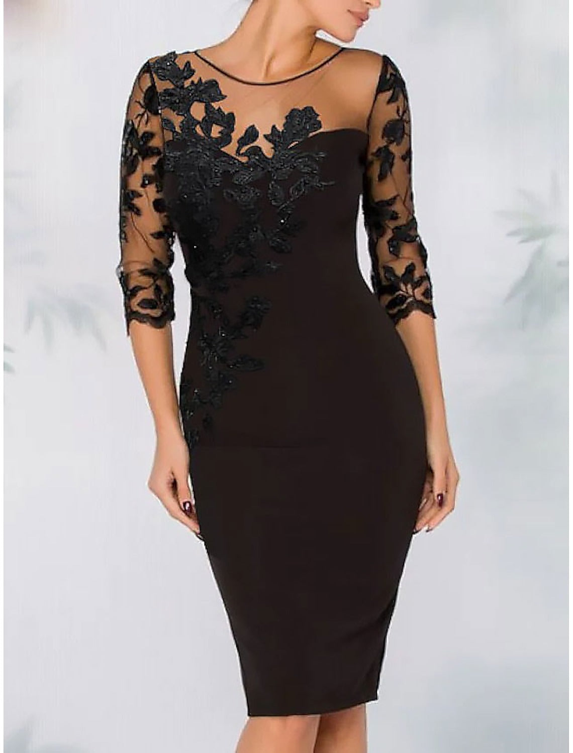 Sheath Mother of the Bride Dress Elegant Cocktail Dress Wedding Guest Kentucky Knee Length Long Sleeve Illusion Neck Lace with Beading Embroidery