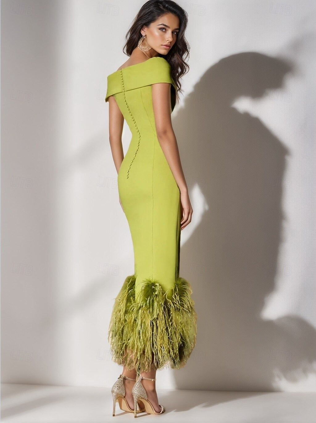 Mermaid Cocktail Party Dress Off The Shoulder Short Sleeves Ankle Length Feather Dress Formal Black Tie