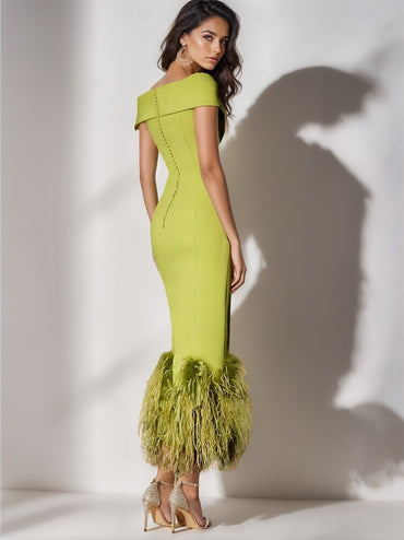 Mermaid Cocktail Party Dress Off The Shoulder Short Sleeves Ankle Length Feather Dress Formal Black Tie