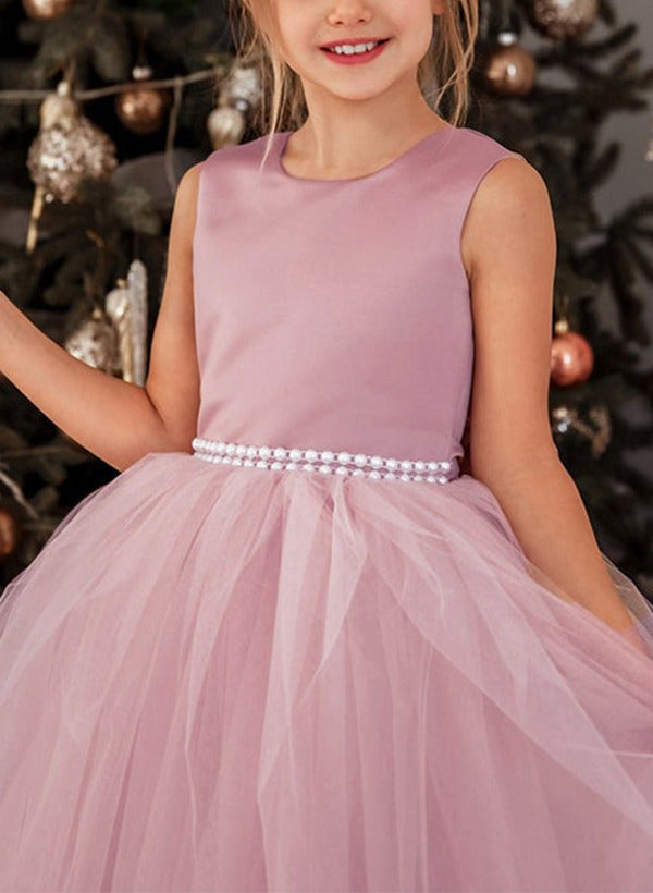 A-Line/Princess Flower Girl Dress Satin/Tulle Birtyday Dresses Scoop Neck Sleeveless Floor-Length Party Dresses With Bowknot