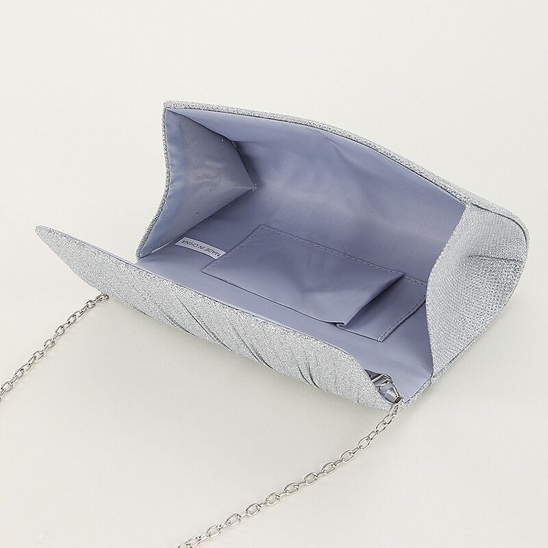 Women's Silver Glitter Evening Clutch Purse – Elegant Shoulder Bag with Chain Strap for Cocktail, Wedding & Formal Events