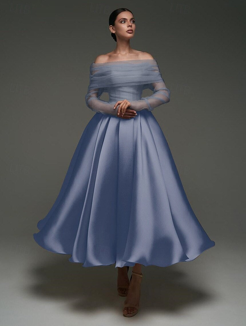 A Line Cocktail Dress Detachable With Shawl Ankle Length Elegant Dresses Formal Wedding Long Sleeve Off Shoulder Satin Dress