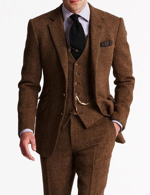 Men's Tweed Herringbone Suits 3 Piece Vintage Retro Plus Size Solid Colored Tailored Fit Single Breasted Two-buttons Fall/Winter