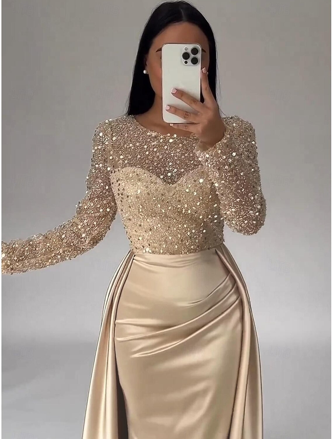 Mermaid Sequin Evening Gown Prom Dress Ruched Satin Dress Long Sleeves Masquerade Floor Length Illusion Neck with Pearls Overskirt Dress