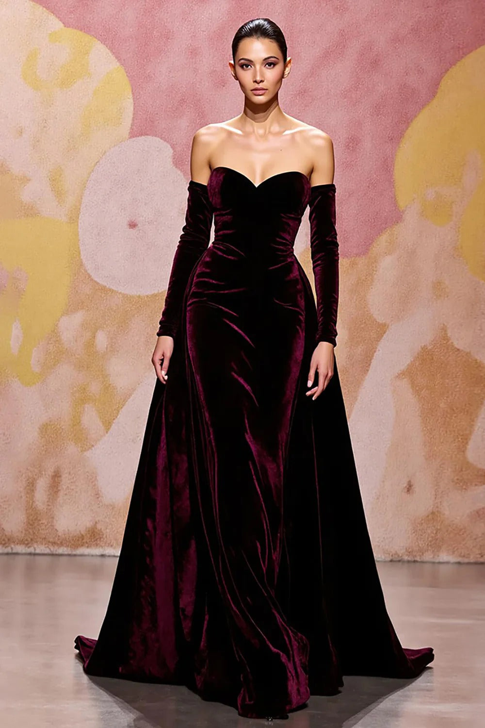 A-Line/Princess Velvet  Evening Gown  Sweep Train Sweetheart & Long Sleeves With Back Zipper