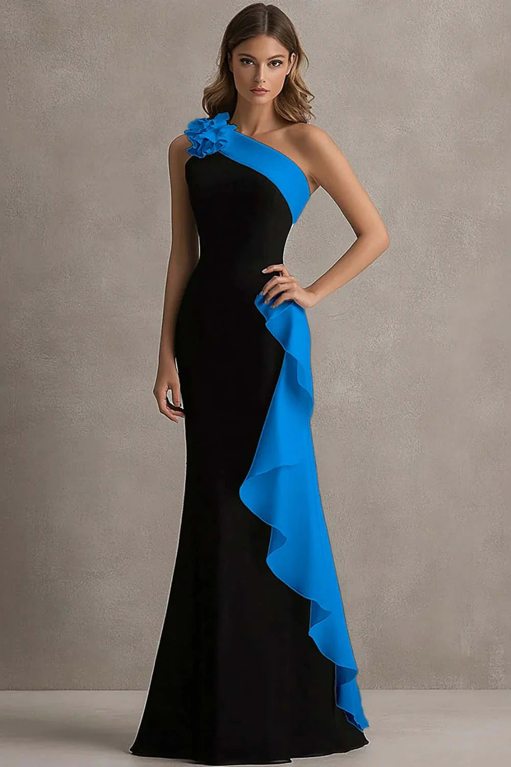 Trumpet/Mermaid  Stain  Evening/Formal Dress Floor-Length One-Shoulder Sleeveless With 3D Flowers&Ruffles