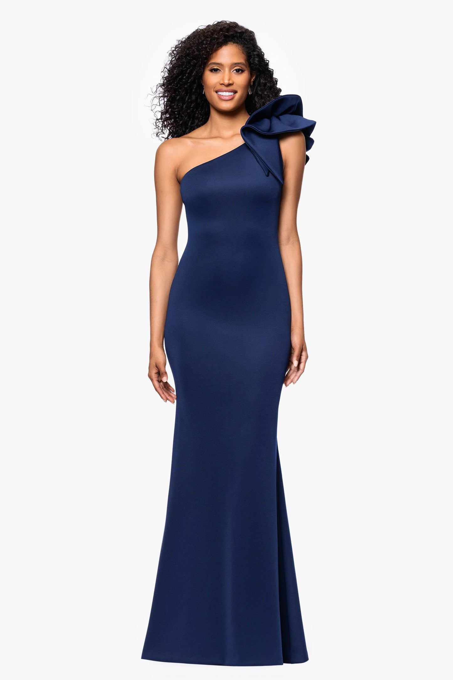 Sheath/Column Satin One-Shoulder With Ruffle Sleeveless Floor-Length Evening/Wedding Guest Dresses