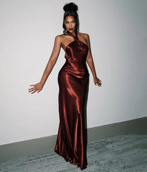 Sheath/Column Evening Dresses Halter Neck Sleeveless Floor Length Satin Wedding Guest Dress With Side