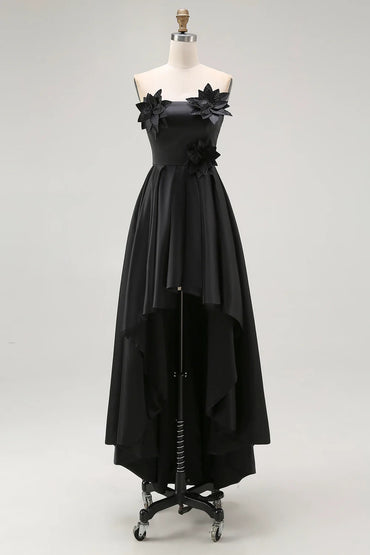 A-Line/Princess Stain  Evening/Formal Dress High-Low Strapless Sleeveless With 3D Flowers&Ruffles