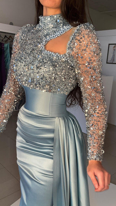 Mermaid Evening Gown Sequin Elegant Dress Formal Sweep / Brush Train Long Sleeve High Neck Satin with Pearls Masquerade Dress