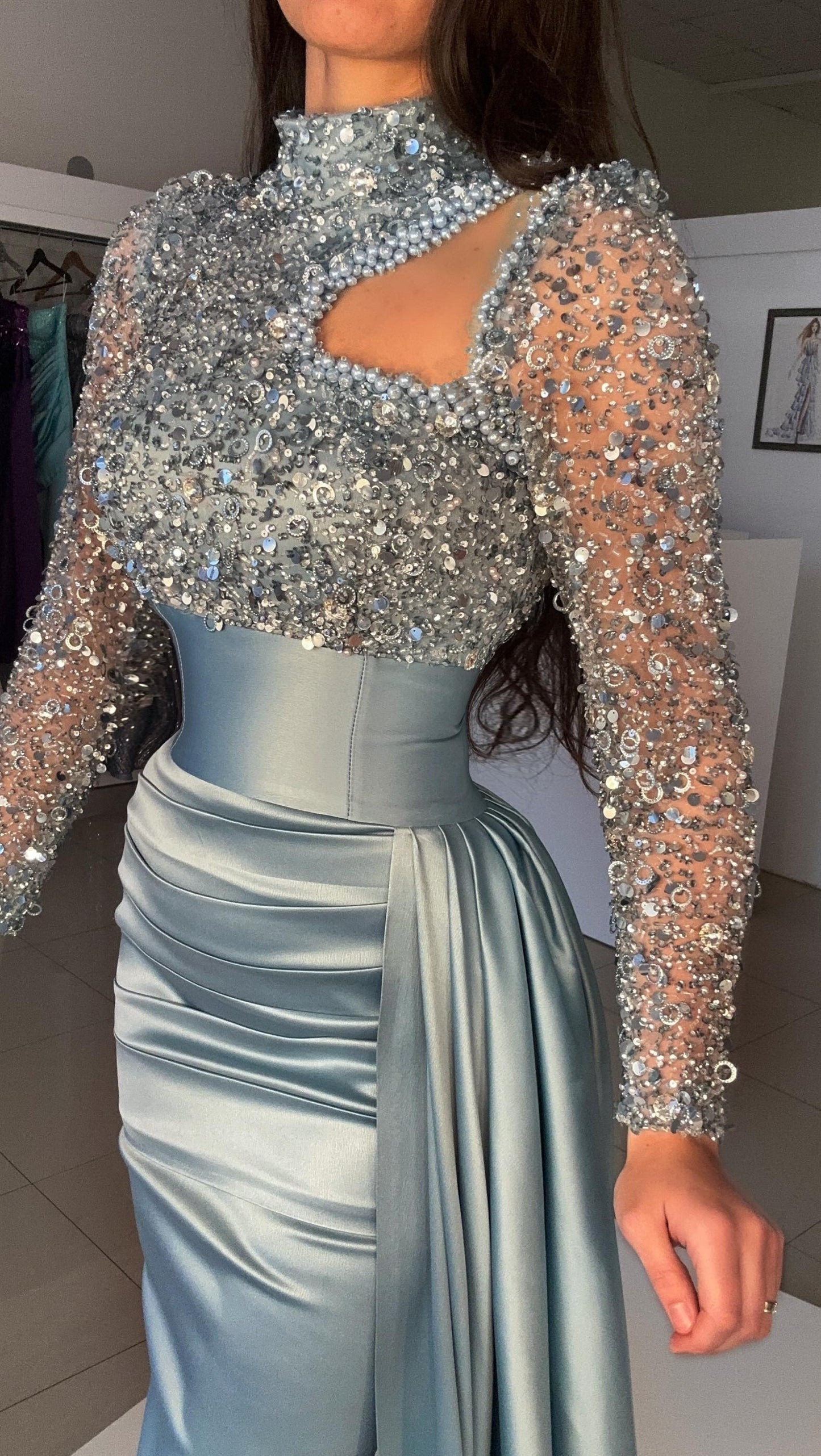 Mermaid Evening Gown Sequin Elegant Dress Formal Sweep / Brush Train Long Sleeve High Neck Satin with Pearls Masquerade Dress