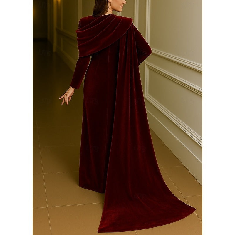 Sheath/Column Evening Gown Elegant Dress Formal Wedding Floor Length Long Sleeve Stand Collar Velvet with Pleats