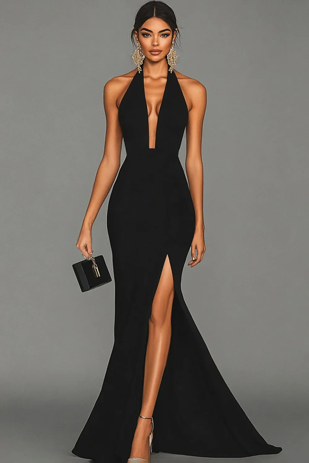 Sheath/Column Stain Evening Dress Sleeveless Floor-Length Halte&V-Neck With Side Slit