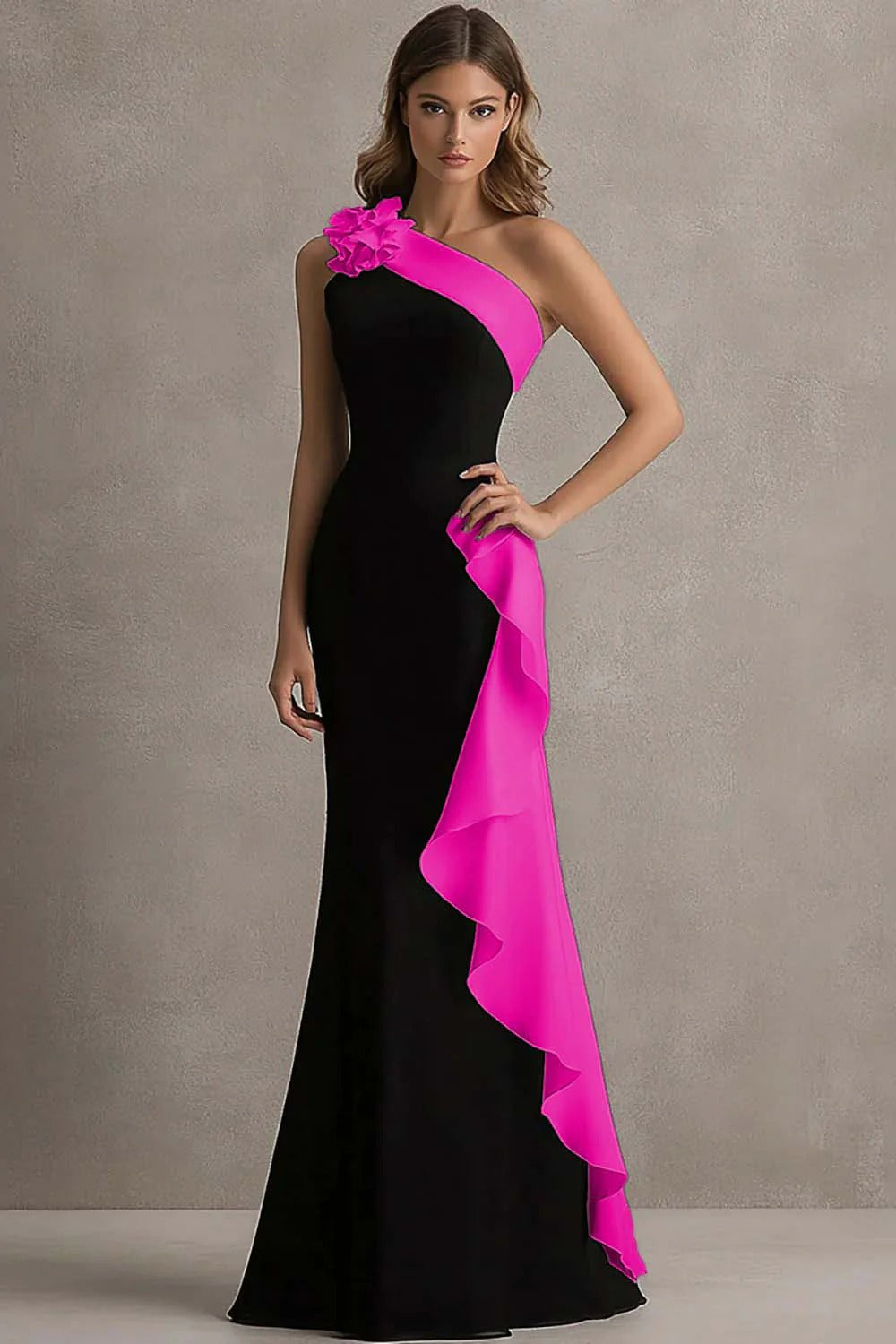 Trumpet/Mermaid  Stain  Evening/Formal Dress Floor-Length One-Shoulder Sleeveless With 3D Flowers&Ruffles