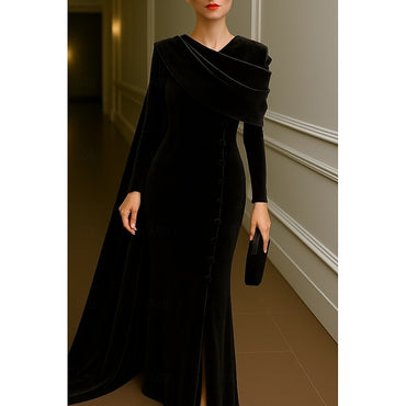 Sheath/Column Evening Gown Elegant Dress Formal Wedding Floor Length Long Sleeve Stand Collar Velvet with Pleats
