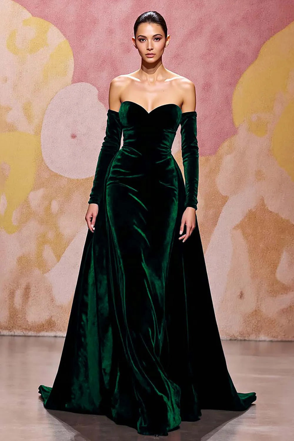 A-Line/Princess Velvet  Evening Gown  Sweep Train Sweetheart & Long Sleeves With Back Zipper