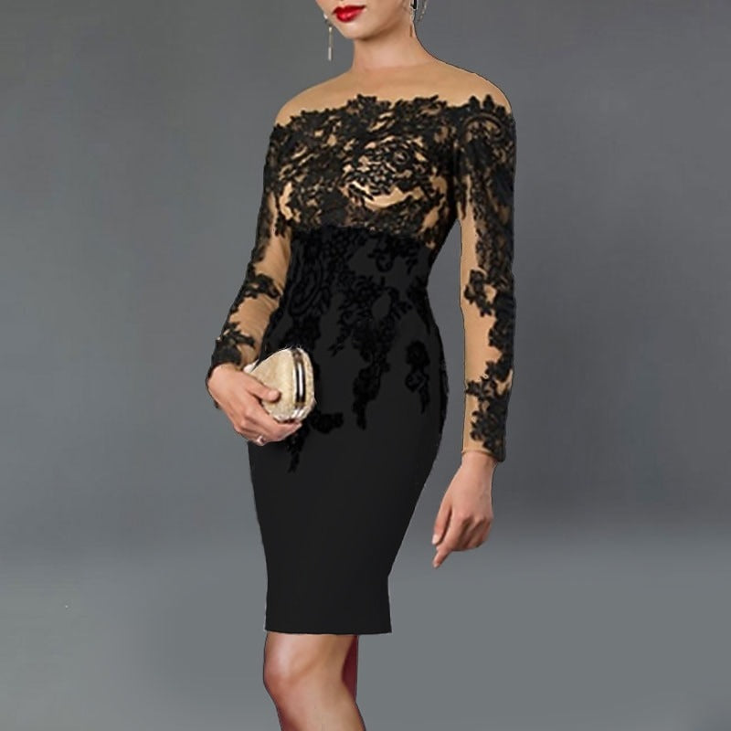 Sheath/Column Mother Of The Bride Dresses Elegant Cocktail Dress Color Block Kentucky Tea Length Long Sleeve Off Shoulder Stretch Fabric with Appliques