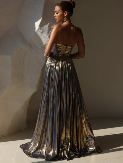 A-Line/Princess Evening Dress Strapless Formal Prom Long Pleated Dresses With Split Side