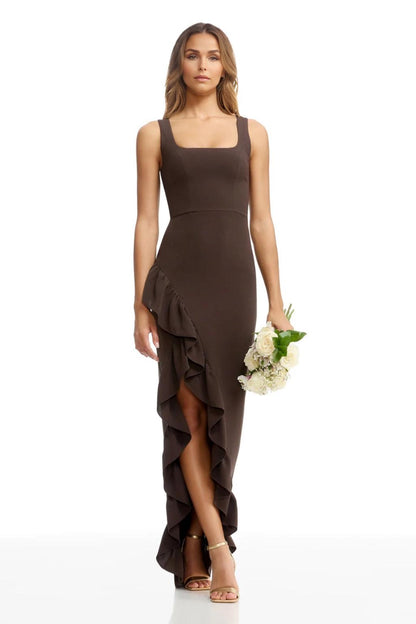 Sheath/Column Spandex Bridesmaid Dresses Floor-Length Square Neck Sleeveless With Side Silt &Ruffle