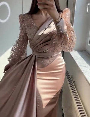 Mermaid Sequin Evening Gown Ruched Satin Dress Long Sleeves Floor Length V Neck with Sequins Overskirt Prom