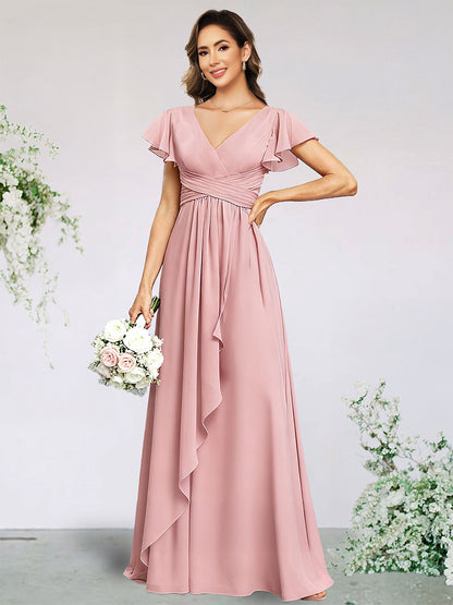 A-Line/Princess Chiffon Bridesmaid Dresses Wedding Dress V-Neck Flying Sleeves Floor-Length With Ruffles