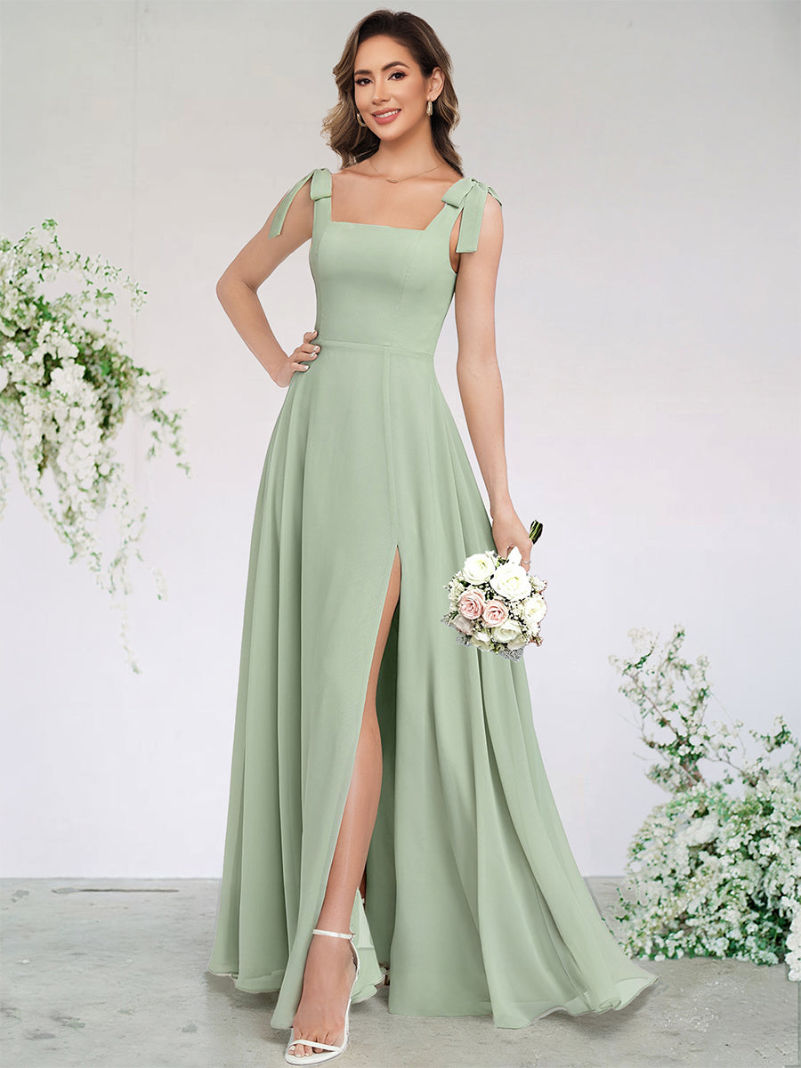 A-Line/Princess Chiffon Bridesmaid Dresses Wedding Dress Square Neck&Bow Sleeveless Floor-Length With Side Split&Pleats