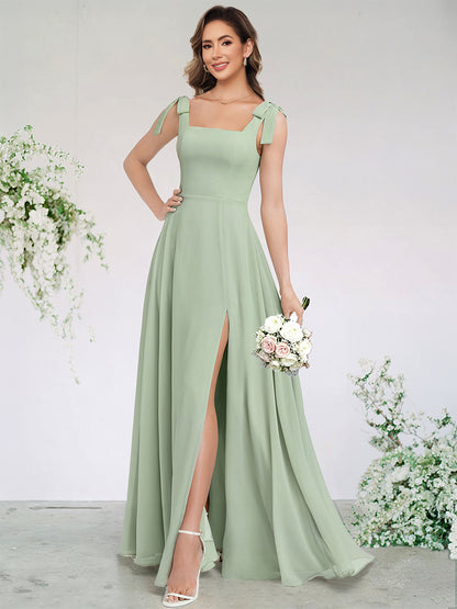 A-Line/Princess Chiffon Bridesmaid Dresses Wedding Dress Square Neck&Bow Sleeveless Floor-Length With Side Split&Pleats