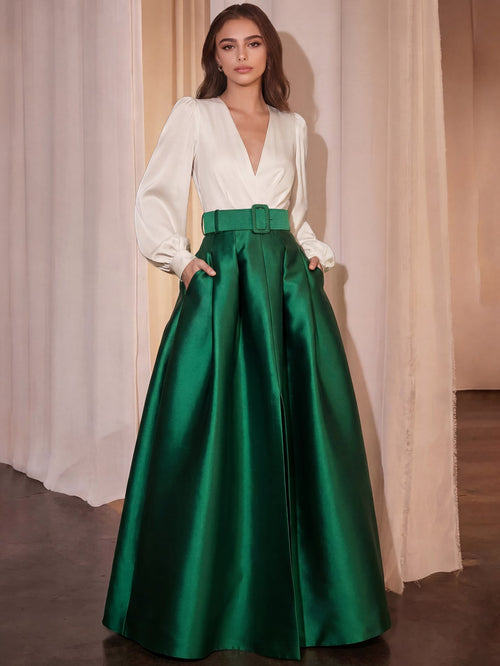 A-Line Evening Dress High Split Formal Gown Wedding Guest Floor Length Long Sleeve V Neck Belt / Sash Satin with Pleats Slit