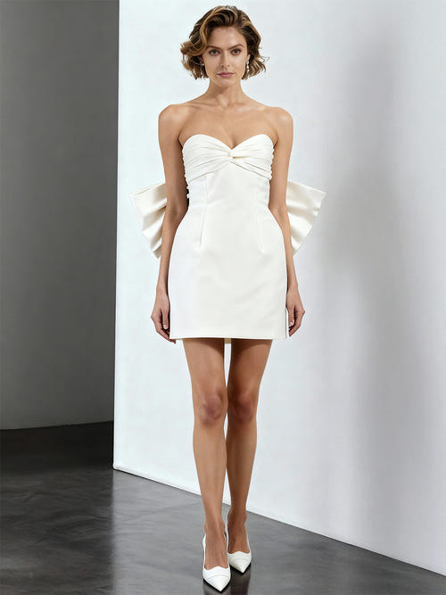 A-Line/Princess Little White Dresses Taffeta Party Dresses Sweetheart Sleeveless Short/Mini Wedding Dress With Big Bow
