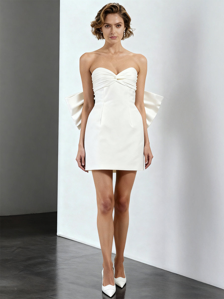 A-Line/Princess Little White Dresses Taffeta Party Dresses Sweetheart Sleeveless Short/Mini Wedding Dress With Big Bow