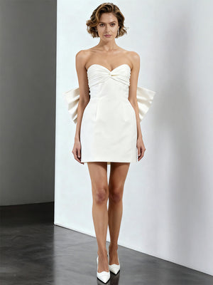 A-Line/Princess Little White Dresses Taffeta Party Dresses Sweetheart Sleeveless Short/Mini Wedding Dress With Big Bow