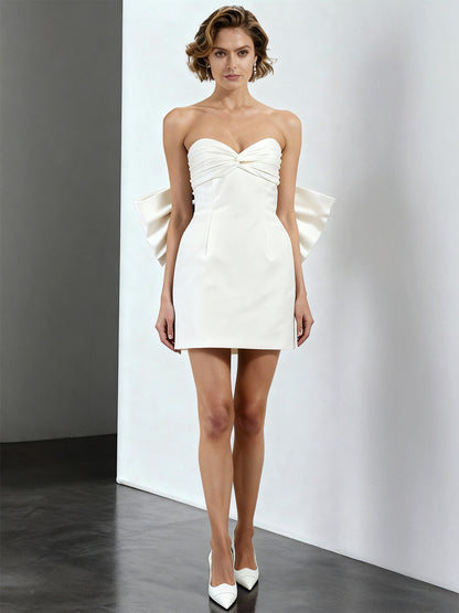 A-Line/Princess Little White Dresses Taffeta Party Dresses Sweetheart Sleeveless Short/Mini Wedding Dress With Big Bow