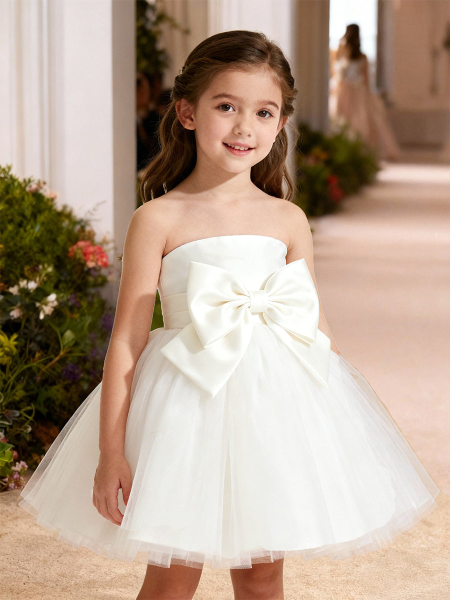 A-Line/Princess Flower Girl Dresses Tulle Birthday Dresses Strapless Sleeveless Knee-Length Party Dresses With Bow