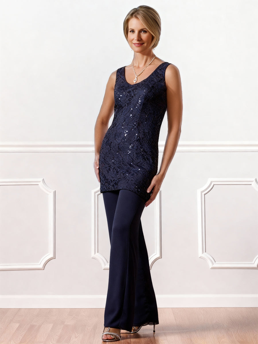 Chiffon Mother of the Bride Pantsuits 3 Pieces Scoop Neck Floor-Length With Jacket&Appliques Lace