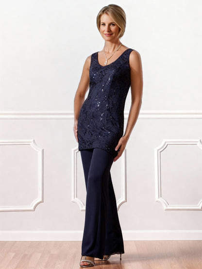 Chiffon Mother of the Bride Pantsuits 3 Pieces Scoop Neck Floor-Length With Jacket&Appliques Lace