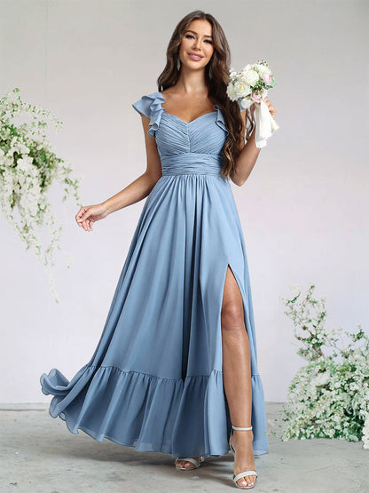 A-Line/Princess Chiffon Bridesmaid Dresses For Wedding V-Neck Flying Sleeves Ankle-Length With Ruffle&Side Split