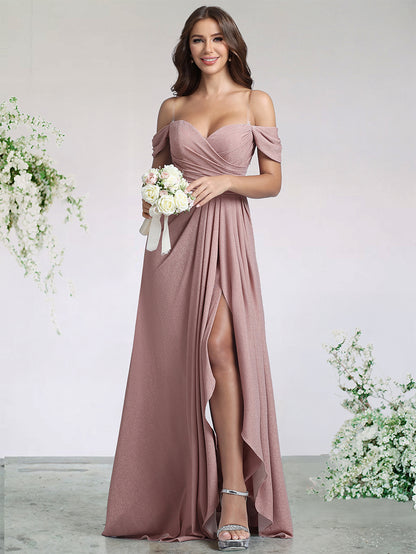 A-Line/Princess Spandex Bridesmaid Dresses For Wedding Sweetheart&Off-the-Shoulder Sleeveless Floor-Length With Pleats&Side Split